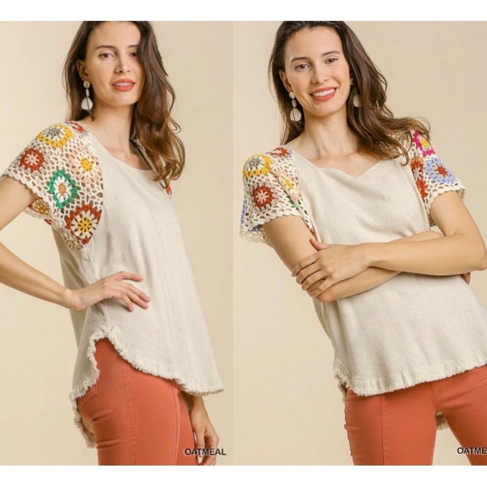 Umgee Linen Oatmeal Crochet Sleeve Frayed Hem Boho Top Size S